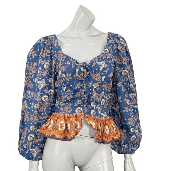 House of Harlow 1960 Small BOHO Lace up Blouse Nastassia Blue - Picture 1 of 7